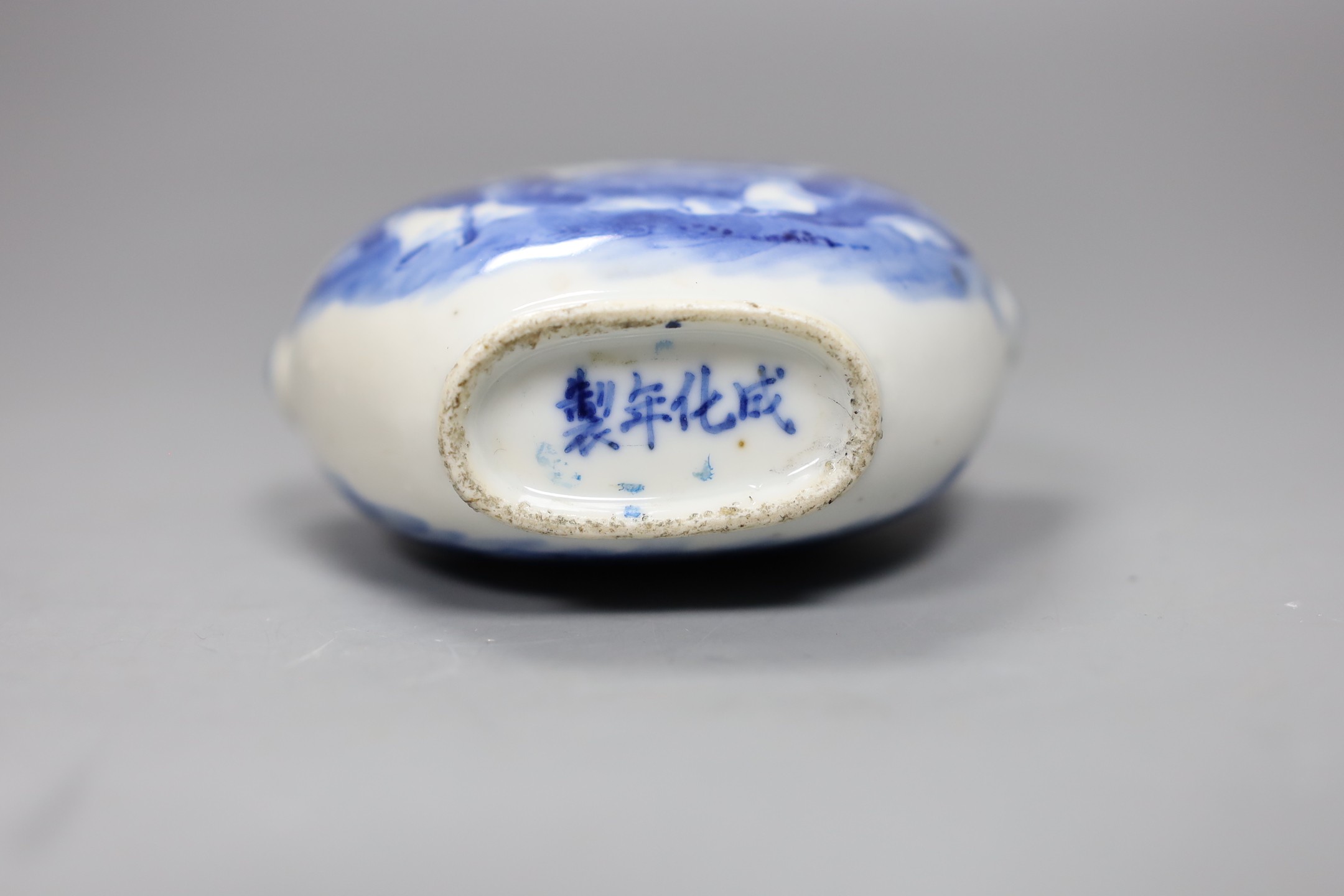 A large Chinese blue and white ‘scholars’ snuff bottle, 19th century, 9 cm high excluding later stopper